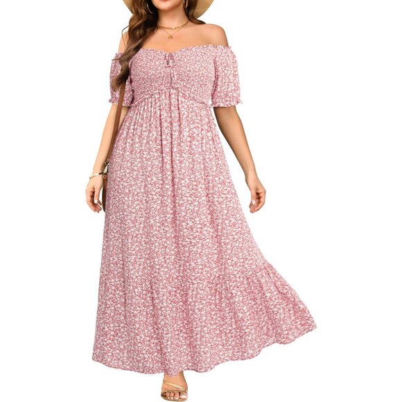 Plus Size Boho Sun Dress Maxi Off Shoulder Puff Sleeve A Line Casual - Picture 1 of 5